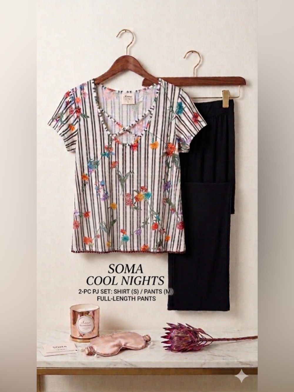 Soma Cool Nights Pajama Set Floral Stripe Top Black Pants S/M